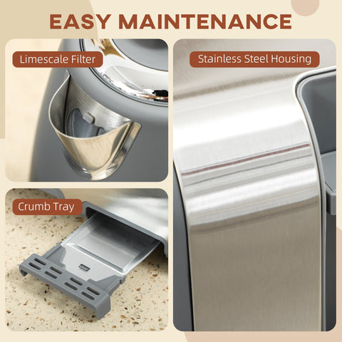 Gray stainless steel toaster with removable crumb tray part of homcom stainless steel toaster set with strix thermostat