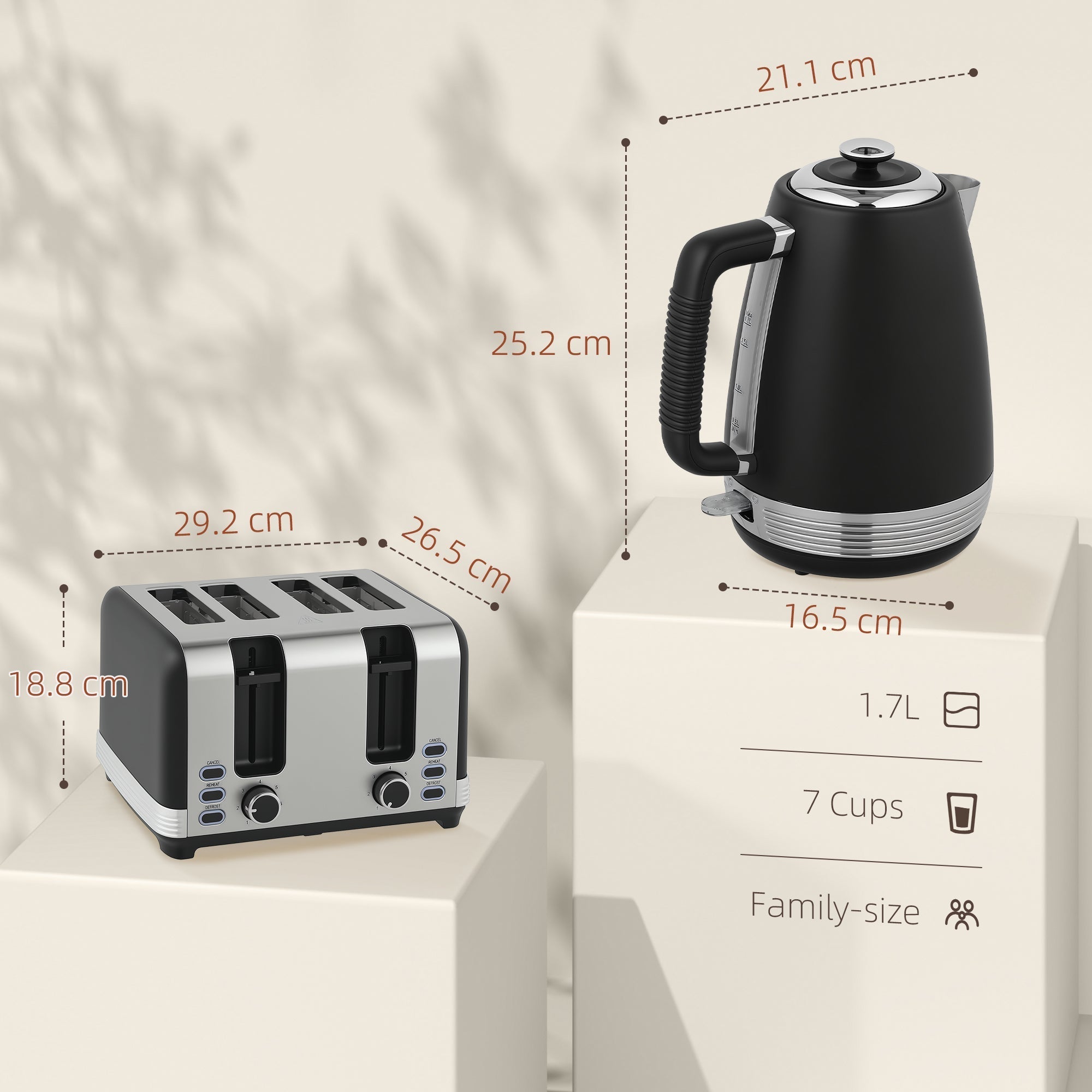 Black stainless steel HOMCOM kettle with strix thermostat and ribbed handle part of 1.7l toaster set