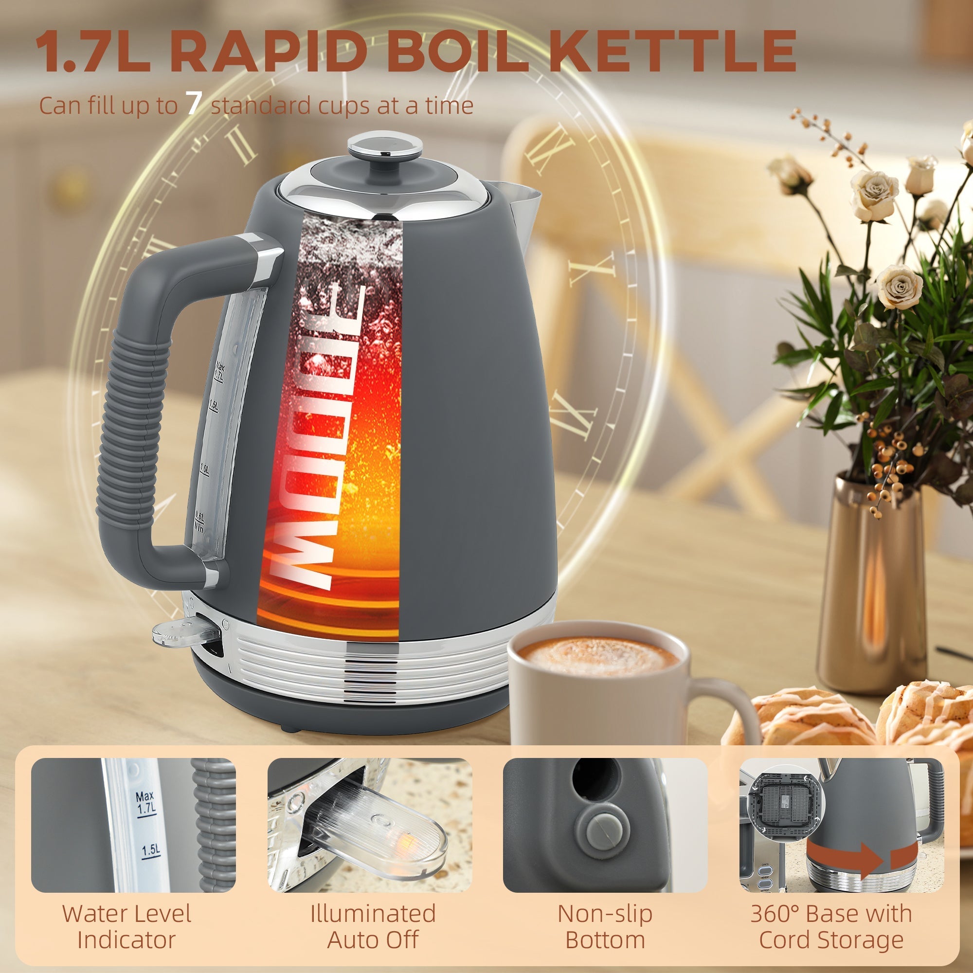 Gray and silver stainless steel rapid boil kettle with transparent panel and strix thermostat in homcom toaster set