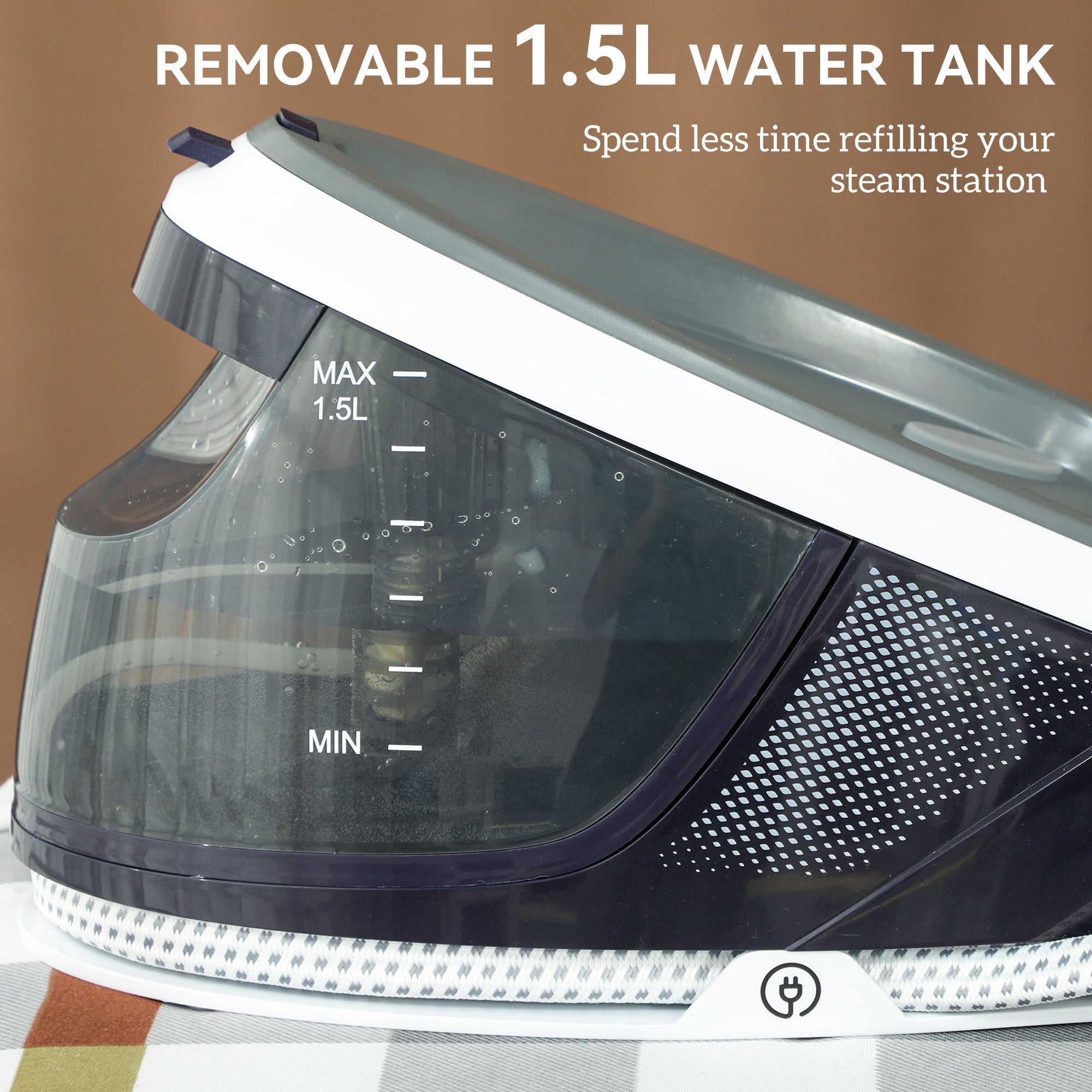 White and gray homcom steam station iron with 1.5l transparent tank, auto shut-off, and ceramic soleplate