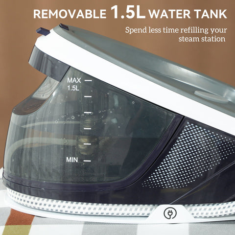 White and gray homcom steam station iron with 1.5l transparent tank, auto shut-off, and ceramic soleplate