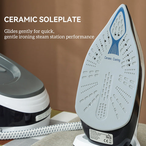 Homcom steam station iron with eco mode ceramic soleplate blue and black design and auto shut-off feature