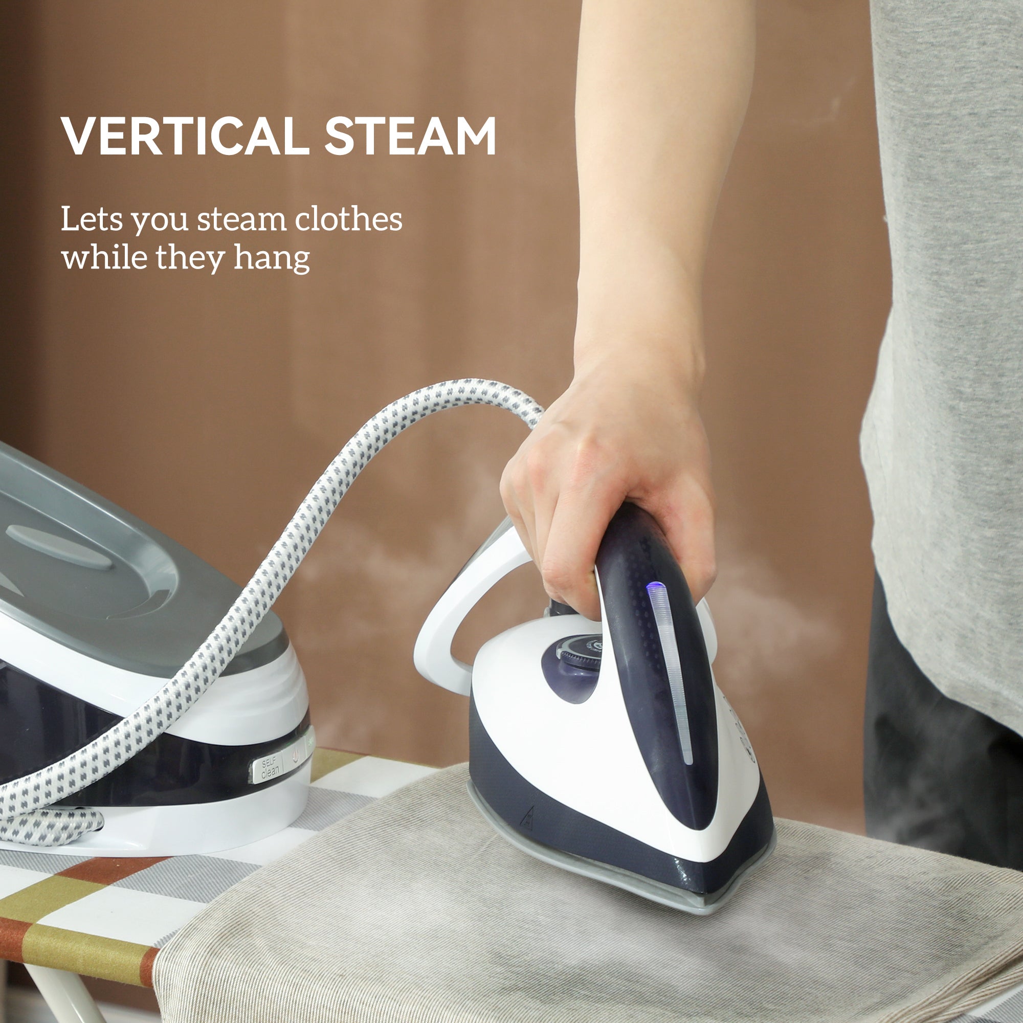 White and navy blue homcom steam station iron with ceramic soleplate textured cord and auto shut-off feature