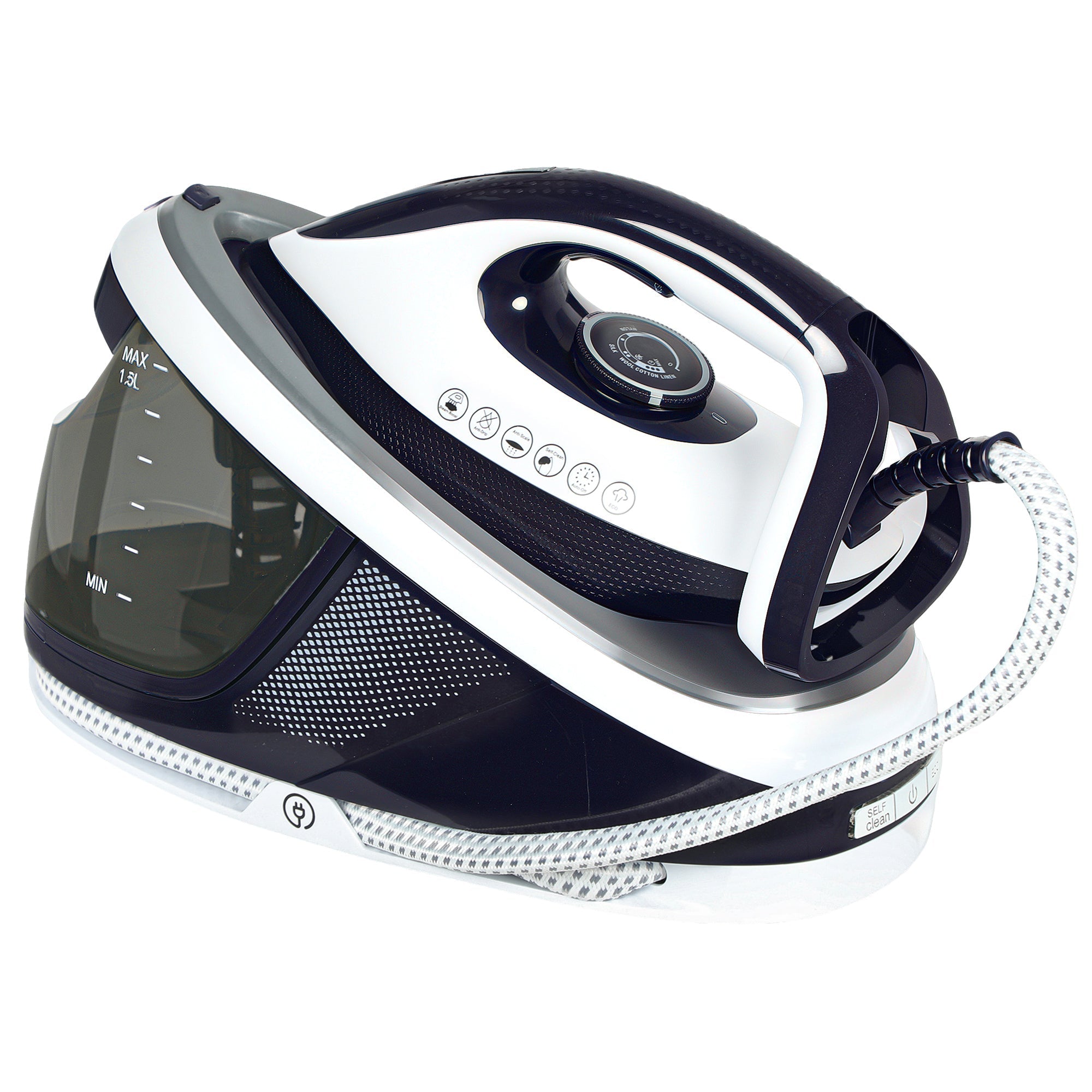 Black and white homcom steam station iron with ceramic soleplate transparent tank textured grip and auto shut-off