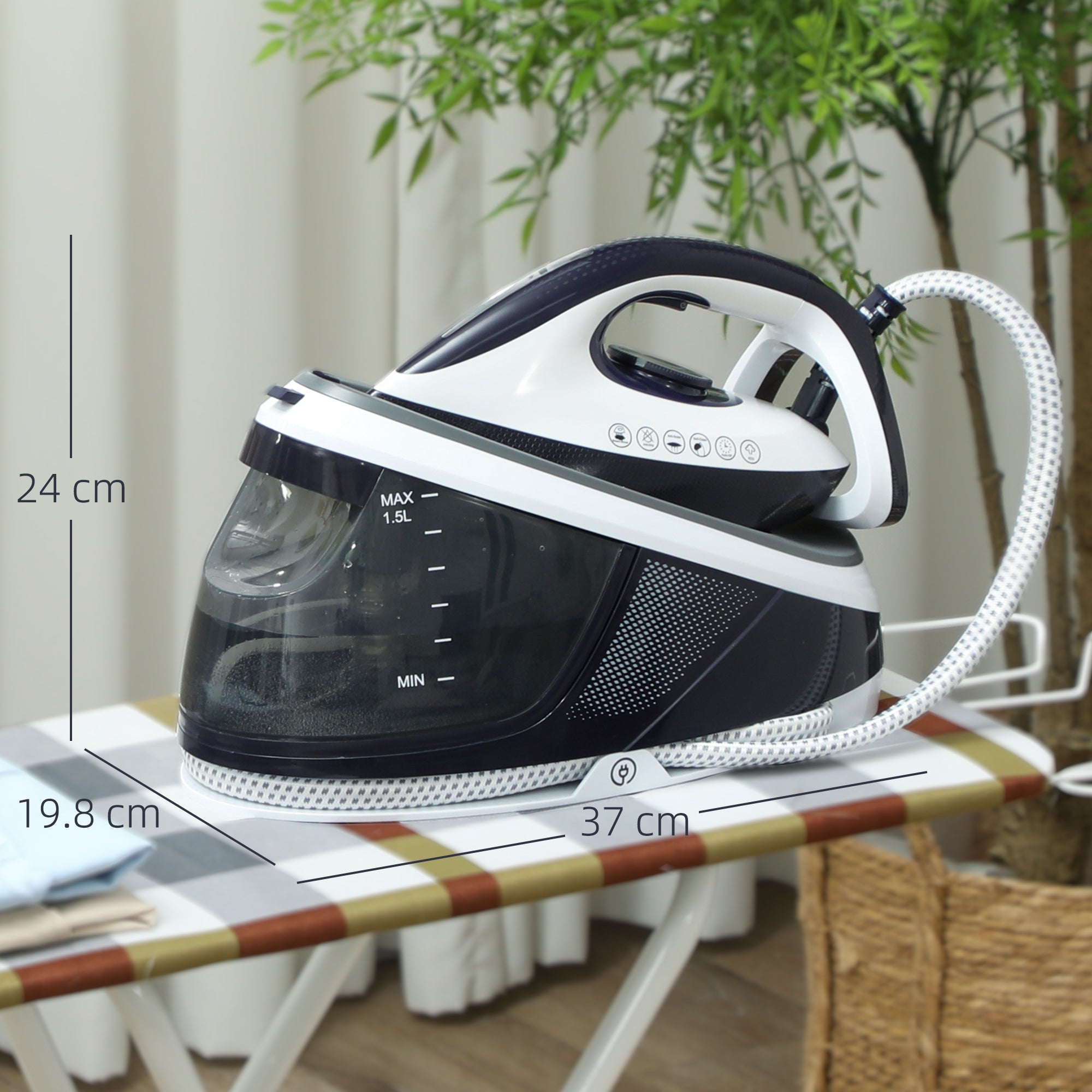Black and white homcom steam station iron with transparent water tank control buttons and auto shut-off feature