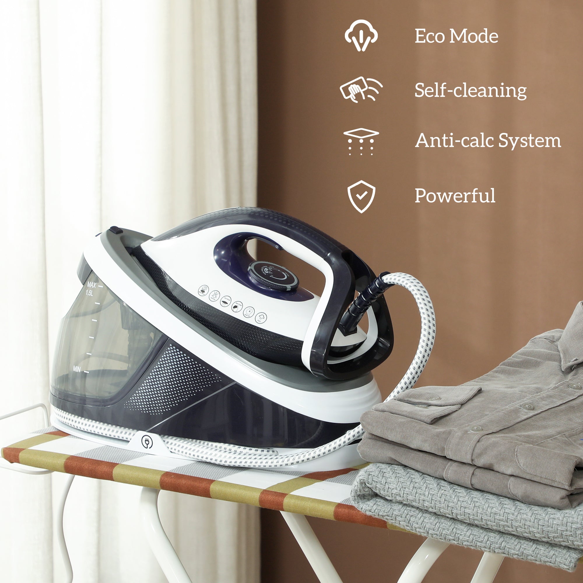 Modern homcom steam station iron in white and navy blue with auto shut-off ergonomic handle and transparent tank