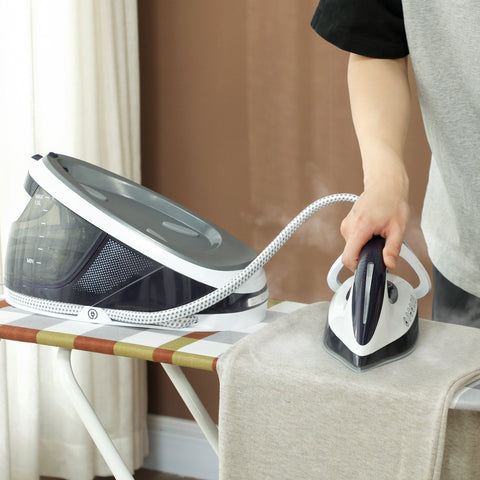 White and black homcom steam station iron with ceramic soleplate flexible hose and auto shut-off for easy ironing