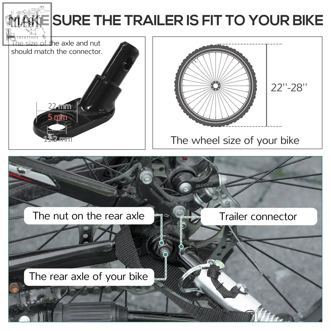 Black metal bike trailer connector with 22mm axle and nut for homcom steel bike trailer with triple safety and shock absorption