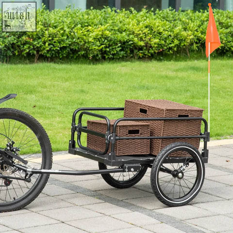 Back view of a black steel homcom bike trailer with three wheels, shock absorption, triple safety, and wicker storage boxes