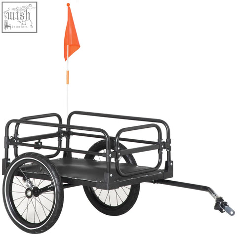 Back view of black homcom steel bike trailer with two wheels flat platform bed orange flag and triple safety shock absorption