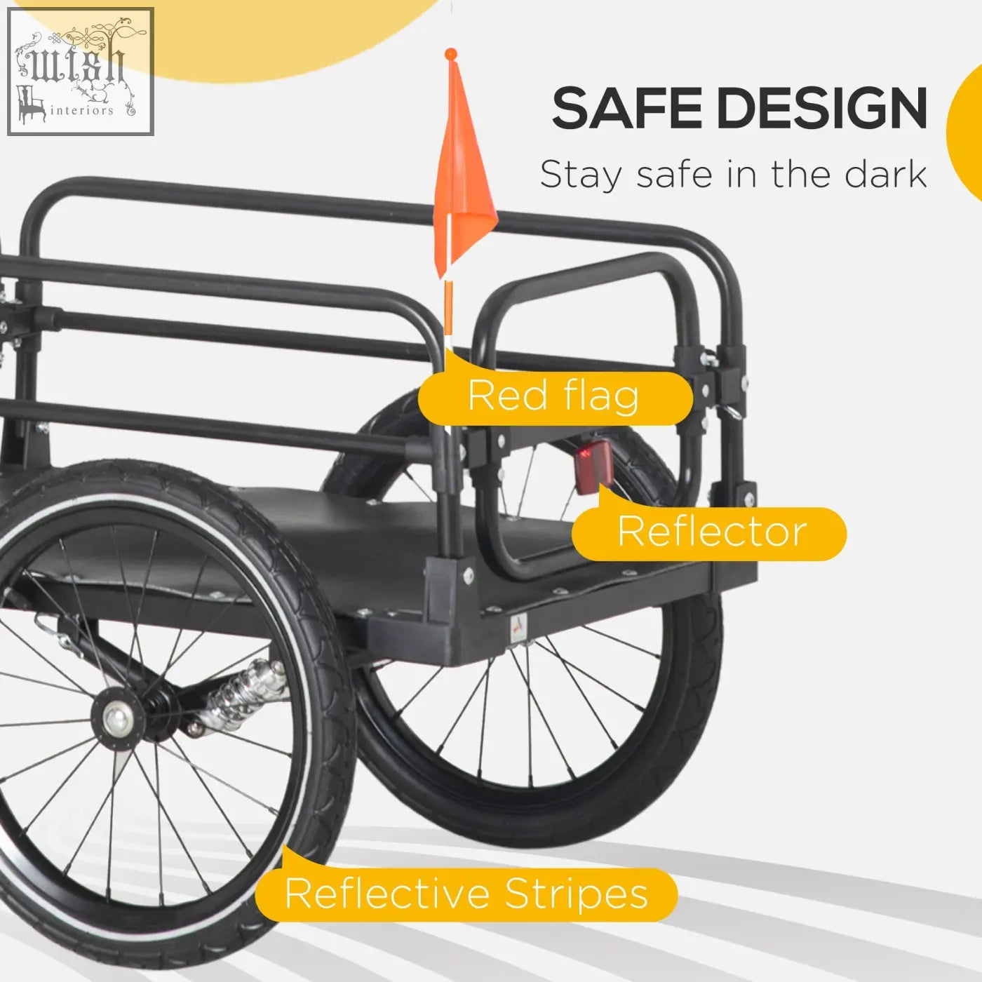 Black metal homcom steel bike trailer with shock absorption, triple safety, red flag, and reflective stripes for outdoor use