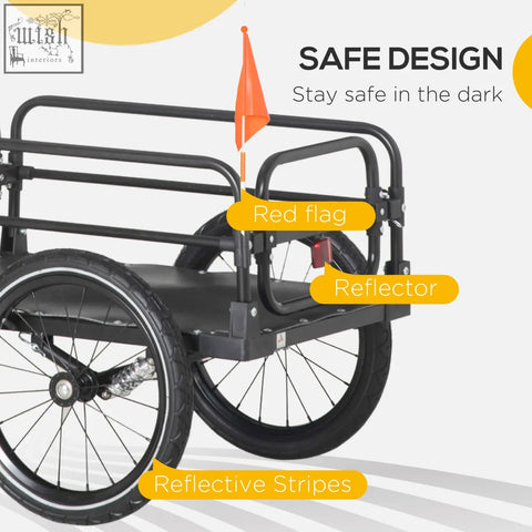 Black metal homcom steel bike trailer with shock absorption, triple safety, red flag, and reflective stripes for outdoor use