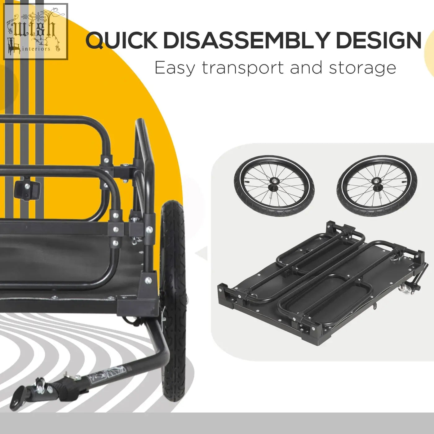 Black steel homcom bike trailer with quick-disassembly, shock absorption, triple safety, flat platform, and detachable wheels