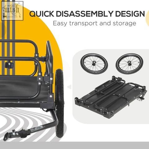 Black steel homcom bike trailer with quick-disassembly, shock absorption, triple safety, flat platform, and detachable wheels