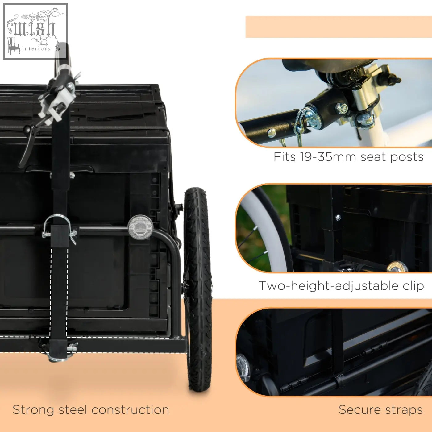 Black steel and plastic homcom cargo trailer with 65l foldable storage box red flag and adjustable mounting clip