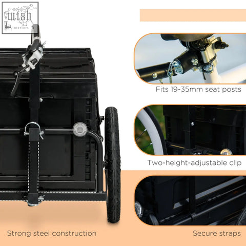Black steel and plastic homcom cargo trailer with 65l foldable storage box red flag and adjustable mounting clip