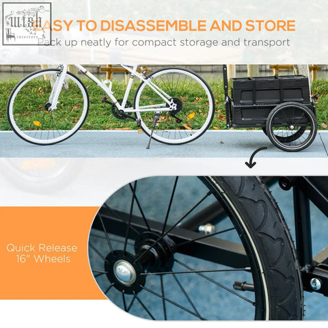 White steel bike cargo trailer with black storage box, quick-release wheels, and red flag for safe transport