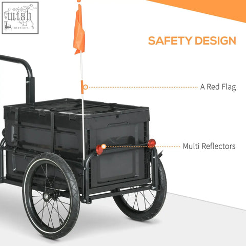 Black steel HOMCOM cargo trailer with 65L foldable storage box red flag and reflectors shown from the back side