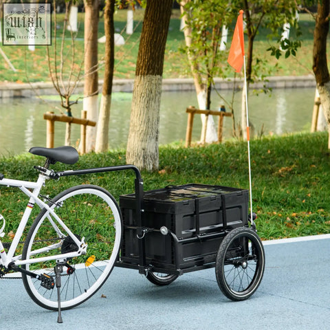 Black steel homcom cargo trailer with foldable 65l storage box and back red flag for bike use