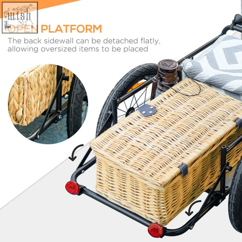 Beige woven wicker basket attached to black metal homcom cargo trailer with detachable side walls and red flag