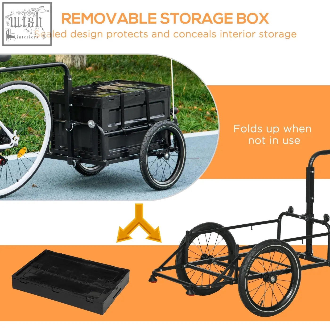 Black HOMCOM steel cargo trailer with 65L foldable storage box and red flag for bike use with safe reflectors