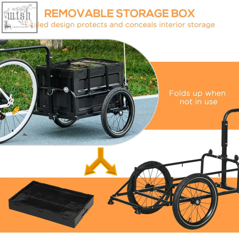 Black HOMCOM steel cargo trailer with 65L foldable storage box and red flag for bike use with safe reflectors