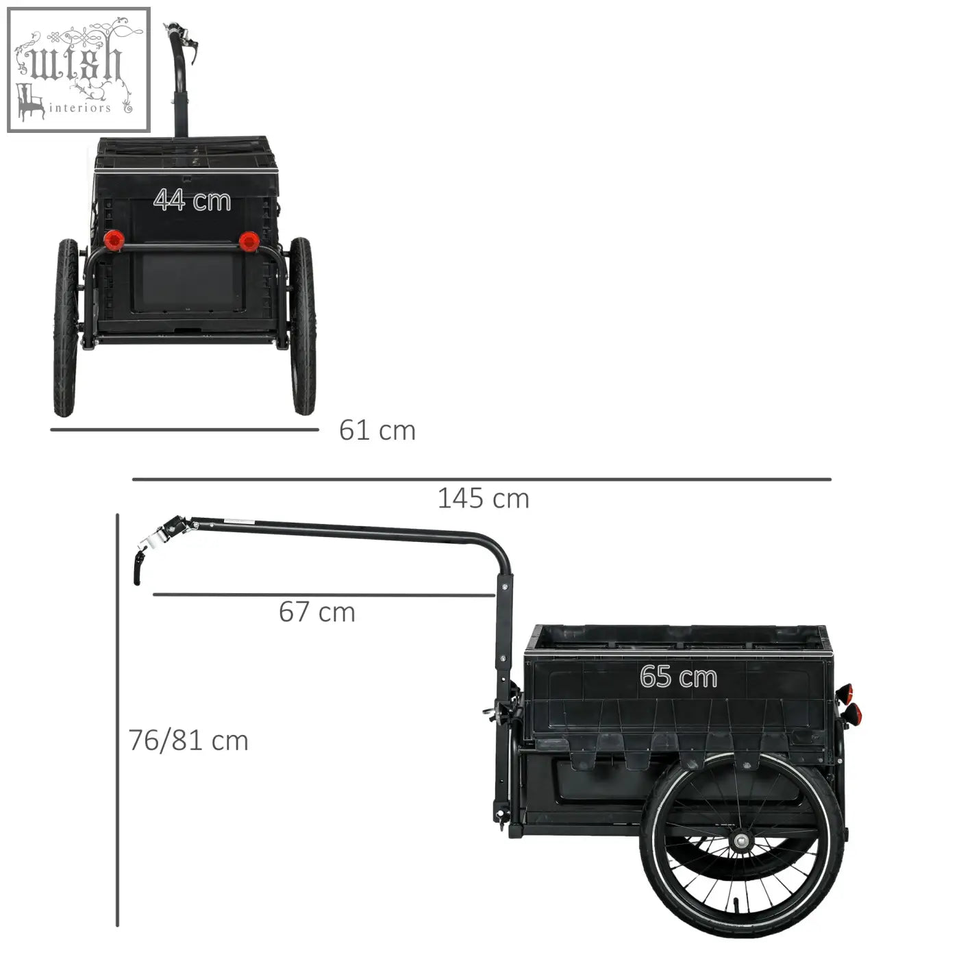 Black steel homcom cargo trailer with foldable 65l storage box red reflectors and curved handlebar for bike use