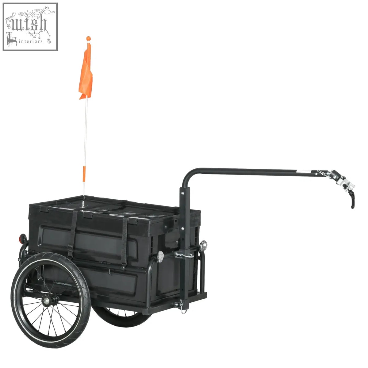 Black homcom steel cargo trailer for bike with 65l foldable storage box red flag and handlebar attachment