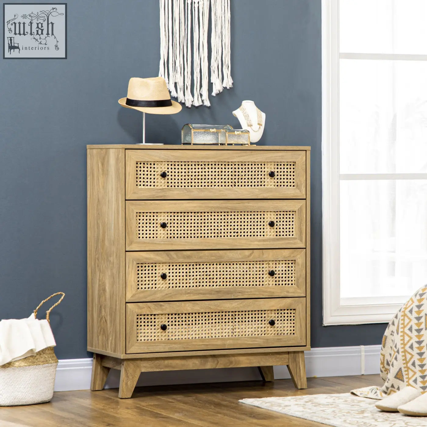 Light wood particle board dresser with four drawers featuring woven cane fronts and anti-tipping straps for safety