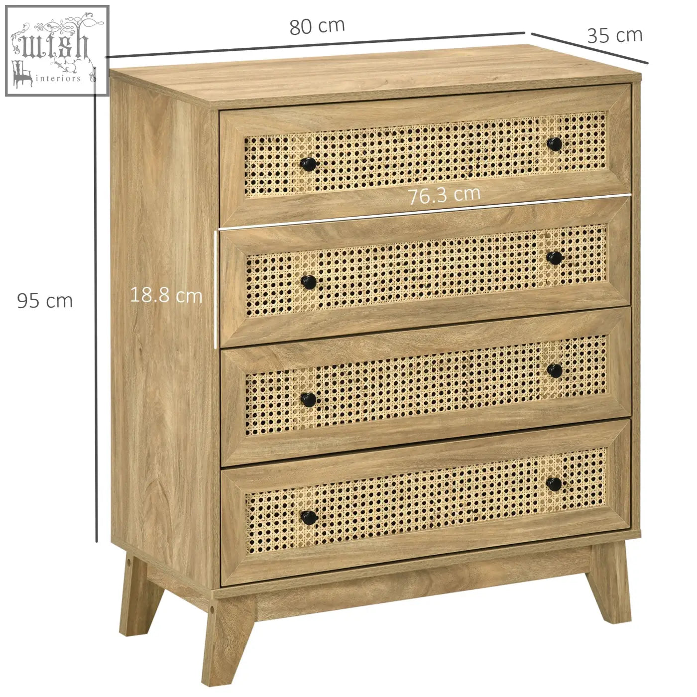 Homcom four drawer storage cabinet with light wood particle board finish woven cane fronts and anti tipping straps