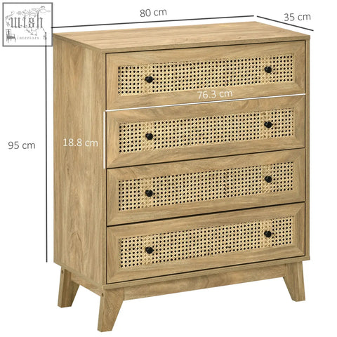 Homcom four drawer storage cabinet with light wood particle board finish woven cane fronts and anti tipping straps