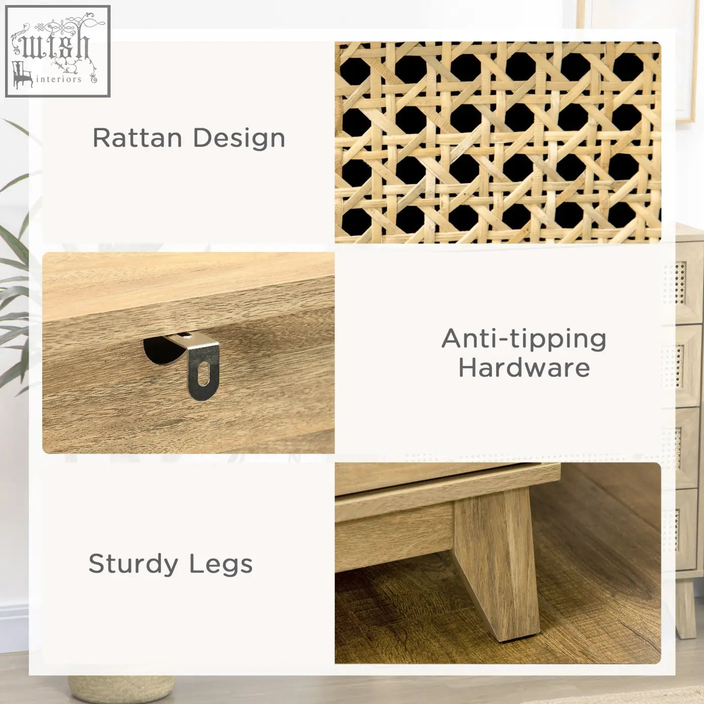 Homcom storage cabinet with four drawers and woven rattan top in light wood particle board with anti-tipping straps