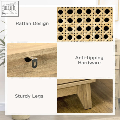 Homcom storage cabinet with four drawers and woven rattan top in light wood particle board with anti-tipping straps