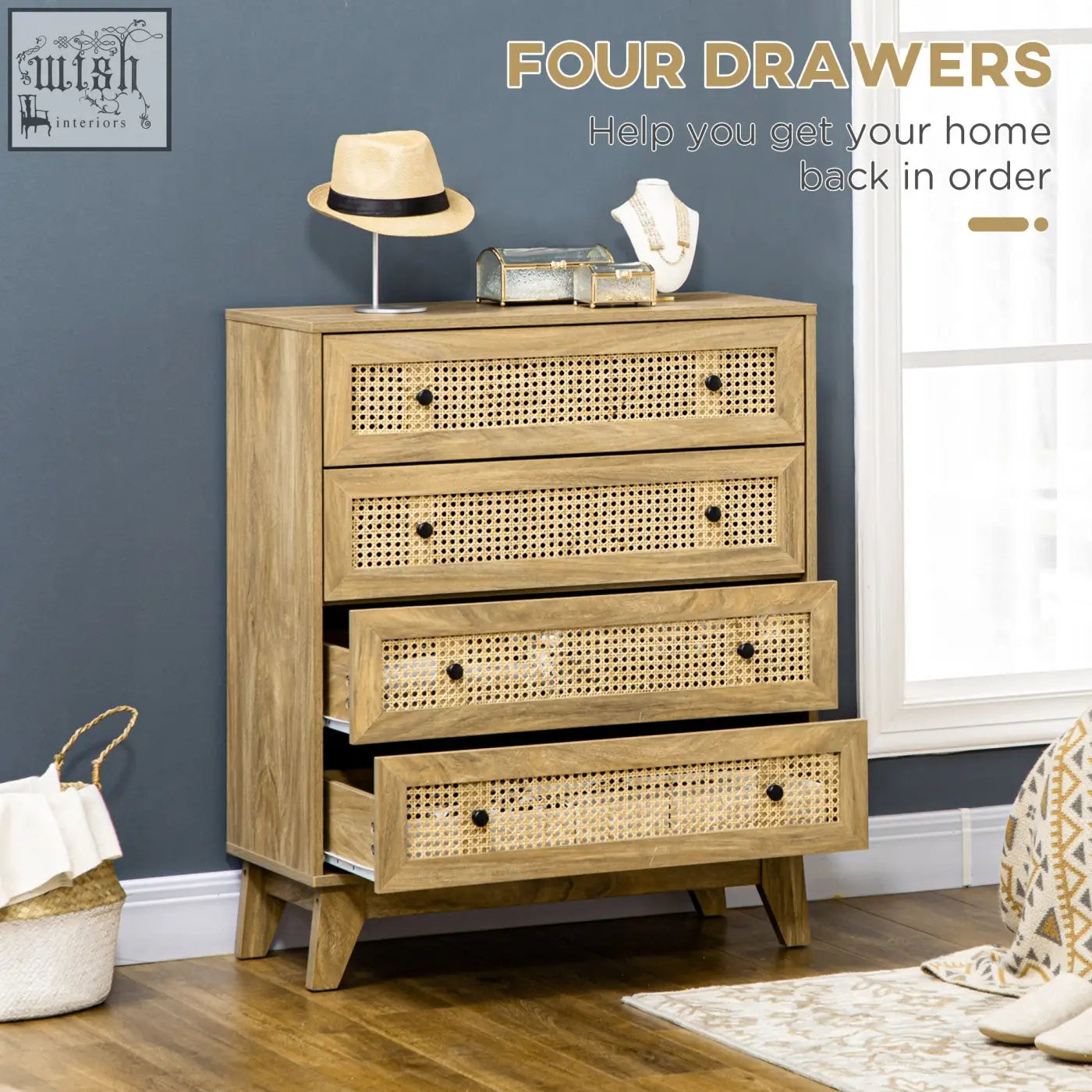 Light wood finish four-drawer particle board dresser with woven cane fronts and anti-tipping straps for bedroom storage