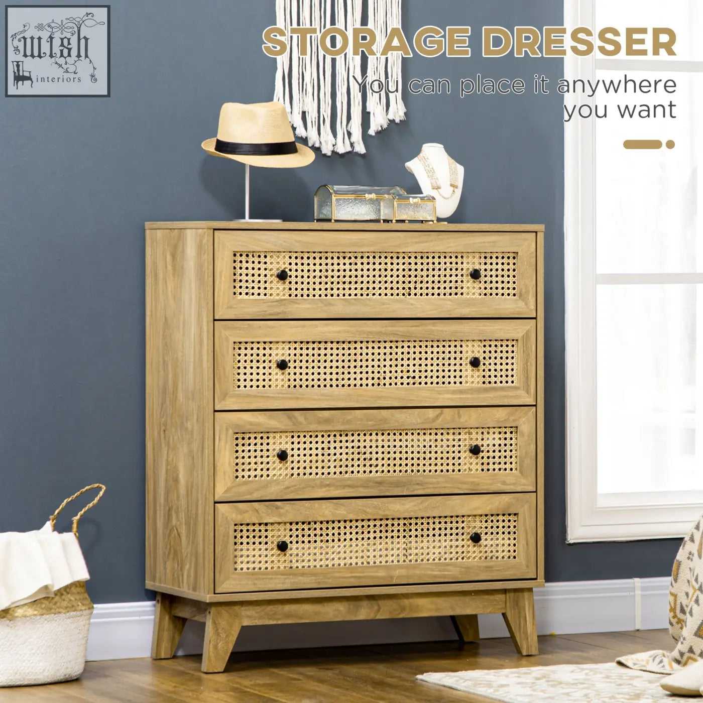 Light wood particle board storage dresser with four drawers and woven cane fronts featuring black knobs and anti-tipping straps