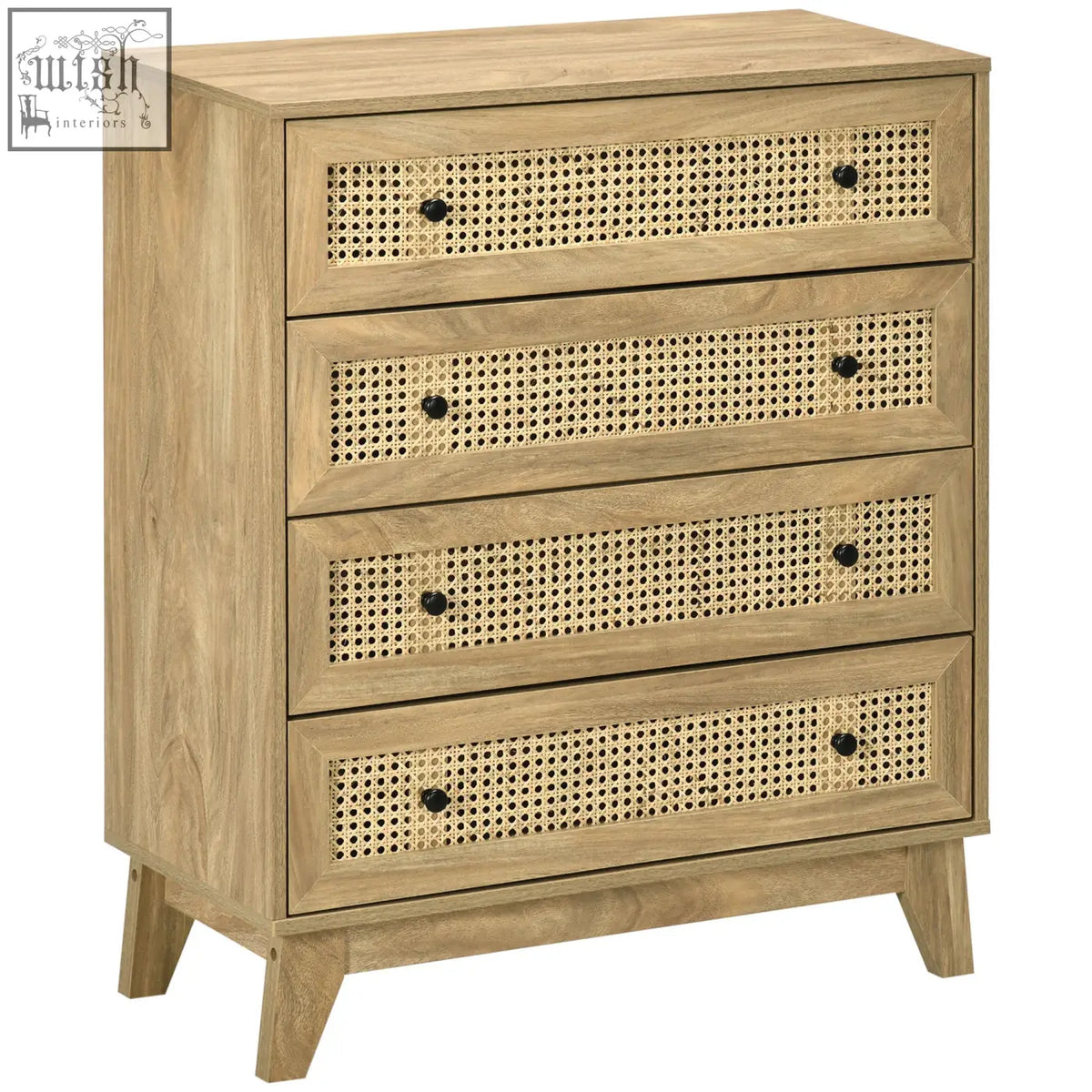 Homcom light wood finish four drawer storage cabinet with woven cane paneling particle board and anti tipping straps