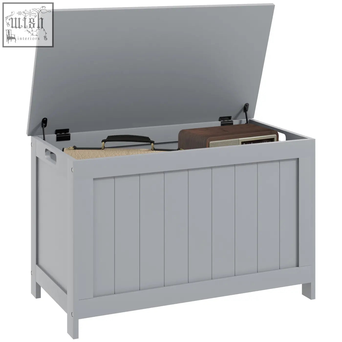 Gray wooden homcom storage chest with hinged lid and vertical paneling perfect for living room storage