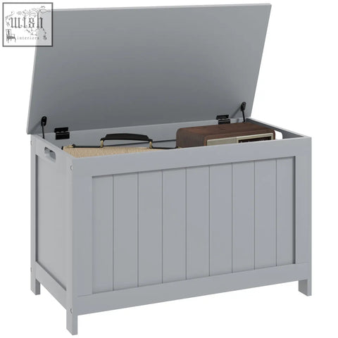 Gray wooden homcom storage chest with hinged lid and vertical paneling perfect for living room storage
