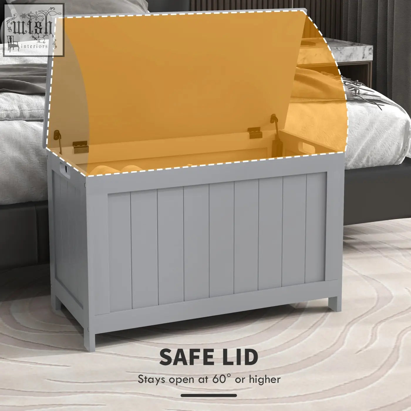 Gray wooden homcom storage chest with curved gold lid that stays open for living room or entryway storage