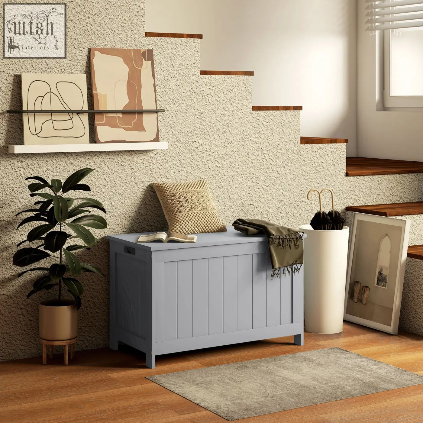 Gray wooden storage chest with vertical slats and lid by homcom perfect for living room toy storage