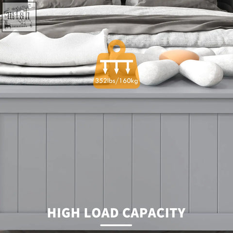 Gray wooden homcom storage chest with vertical paneling sturdy design and cut-out handles for living room use