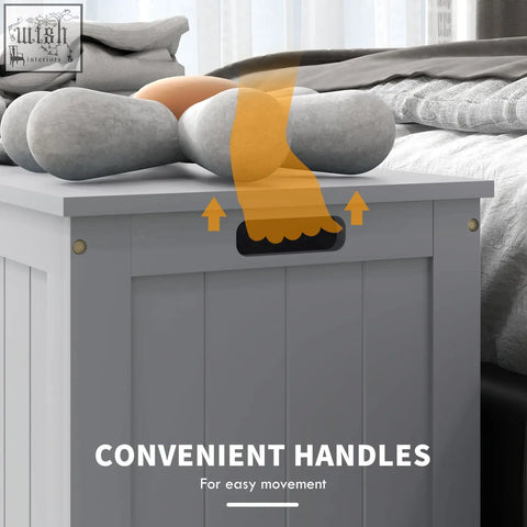 Gray wooden homcom storage chest with black handles and textured surface perfect for living room storage