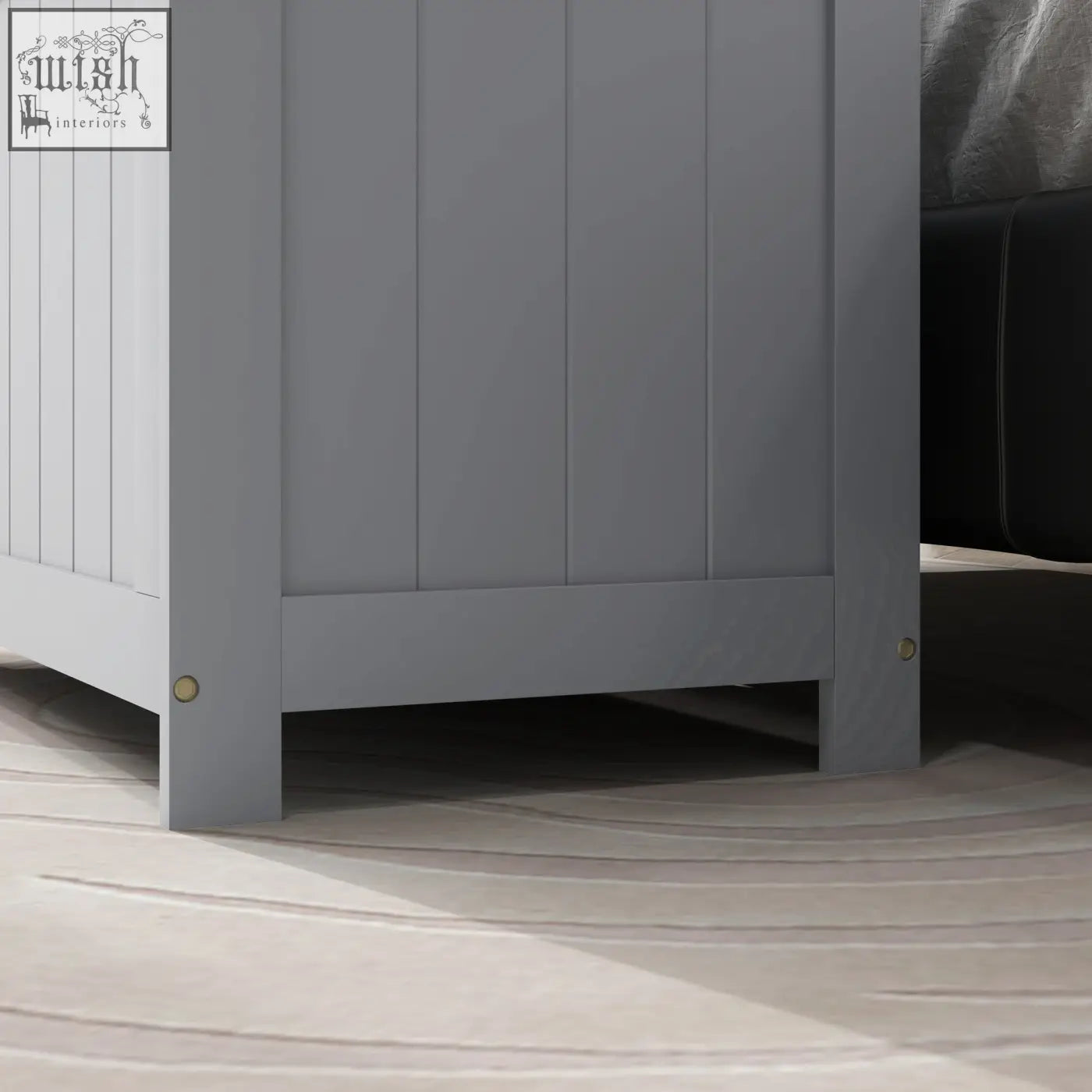 Gray wooden homcom storage chest with vertical paneling and brass corner hardware for living room storage chest