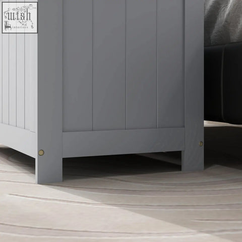 Gray wooden homcom storage chest with vertical paneling and brass corner hardware for living room storage chest
