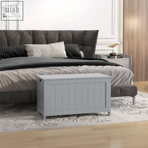 Gray wooden homcom storage chest with vertical paneling and safety hinges for living room and entryway storage