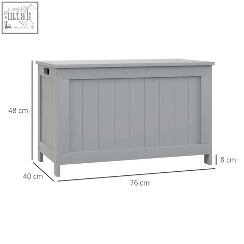 Gray wooden homcom storage chest with vertical plank paneling and flat top for living room storage and seating