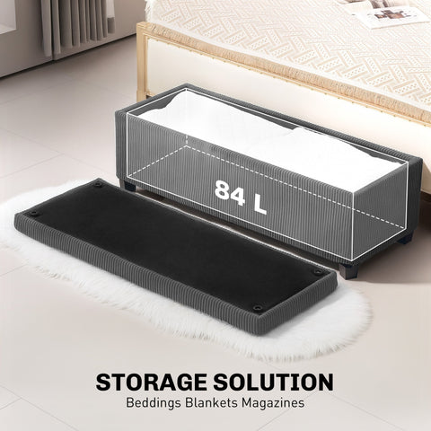 Gray homcom storage ottoman bench in corduroy with 84l capacity for beddings blankets and magazines storage