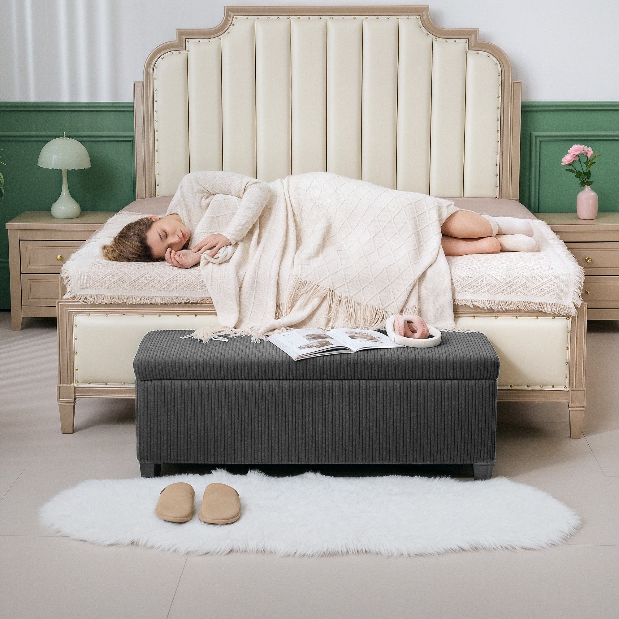 Dark gray homcom storage ottoman with elegant corduroy tufted top wooden legs and removable lid for living room use