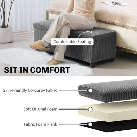 Gray corduroy homcom storage ottoman with soft foam cushion and removable lid for living room and bedroom storage
