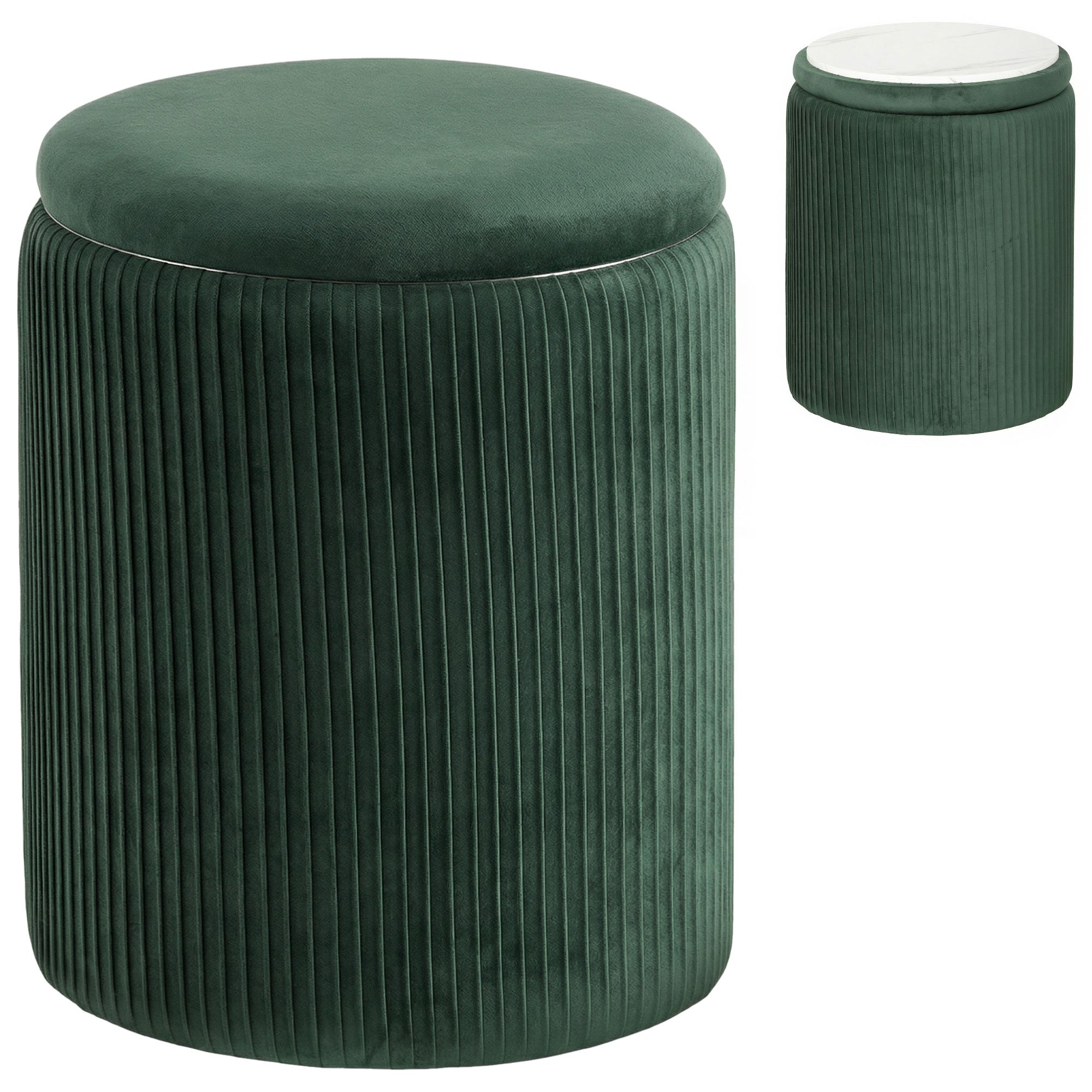 Dark green velvet storage ottoman with ribbed cylindrical body and cushioned top perfect as living room ottoman storage bench